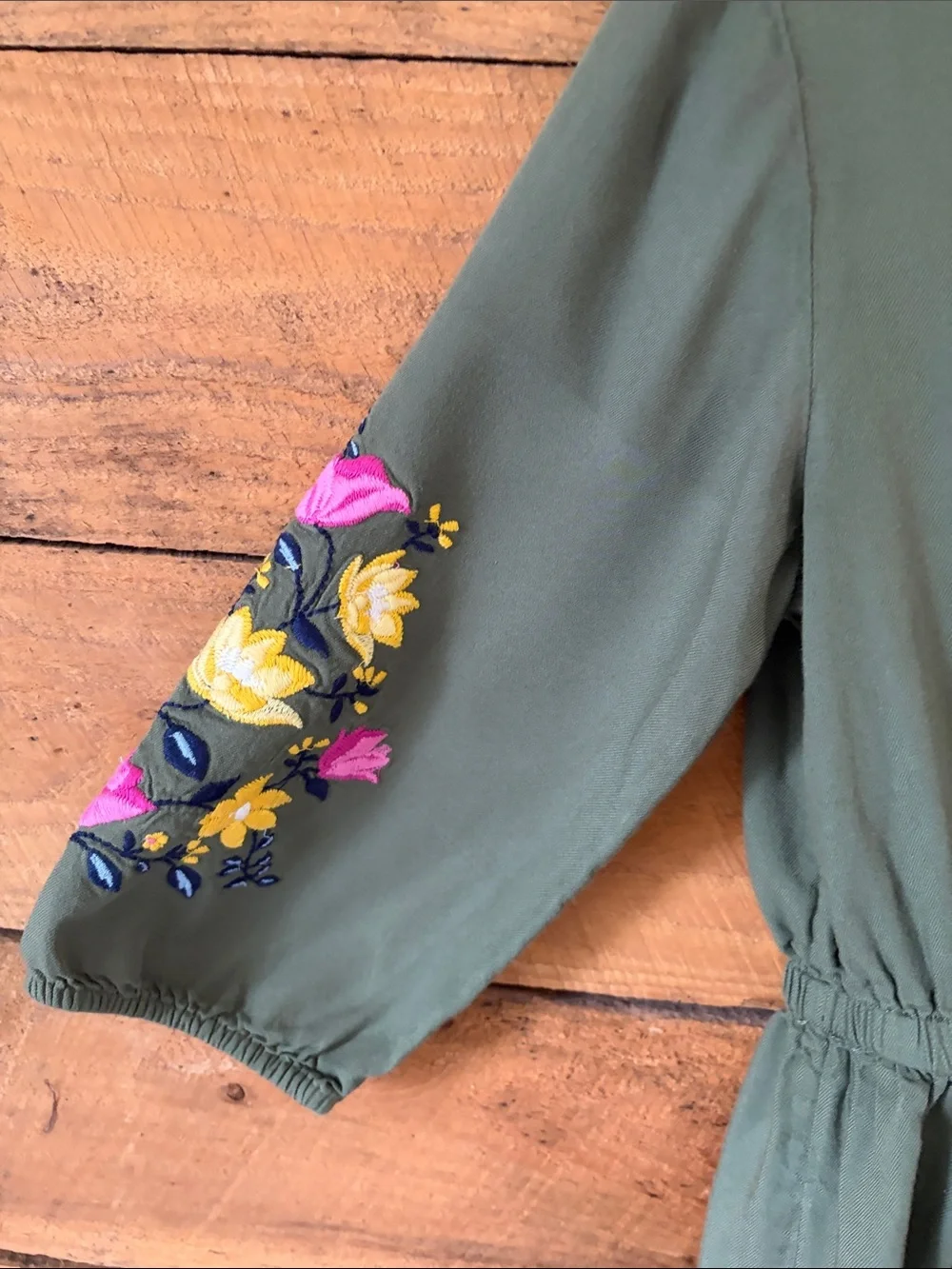 Old Navy Olive Green Dress with Pink and Yellow Floral Embroidery